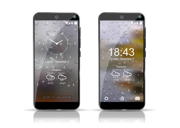 Δύο Smartphones δείχνει ο καιρός screensaver. Καλά λεπτομερείς πρότυπο. - Διάνυσμα, εικόνα