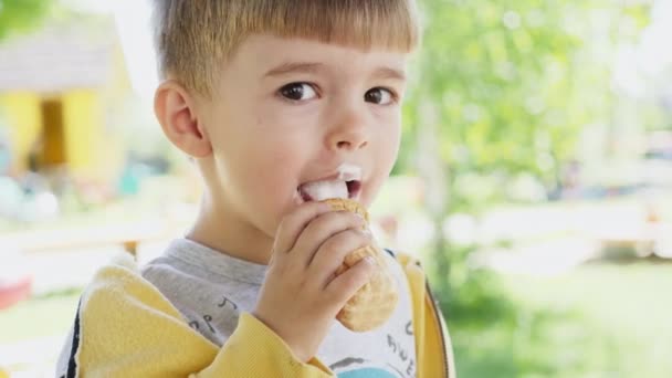 Um menino de três anos está comendo sorvete em uma xícara de waffle
 - Filmagem, Vídeo