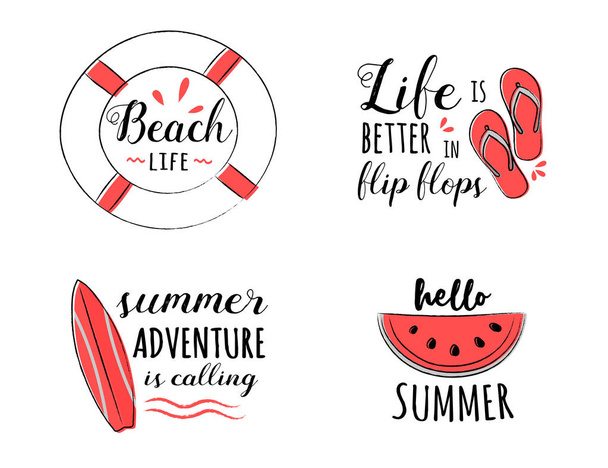 Funny summer elements with text - doodles collection. Vector. - Vector, Imagen