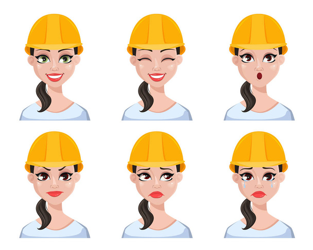 Beautiful female builder in helmet, set with different facial expressions, cartoon character emotions. Vector illustration - Vector, Image