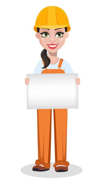 Beautiful female builder in uniform, cartoon character. Professional construction worker. Smiling repairer woman holding blank placard. Vector illustration on white background - Vector, Image