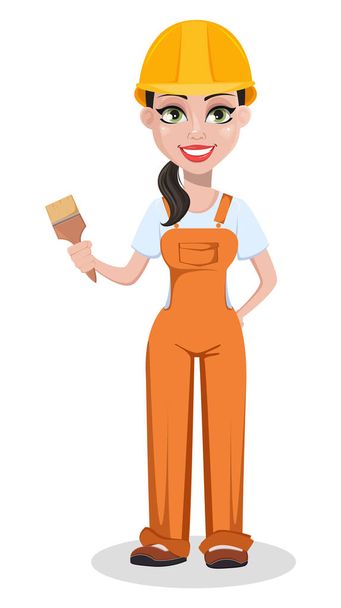 Beautiful female builder in uniform, cartoon character. Professional construction worker. Smiling repairer woman holding paint brush. Vector illustration on white background - Vector, Image