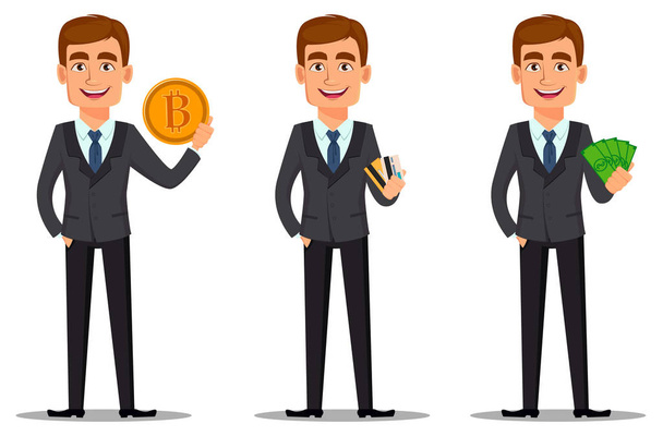 gutaussehender Banker im Business-Anzug, gesetzt. fröhliche Zeichentrickfigur mit goldenem Bitcoin, Kreditkarten und Geld in der Hand. Vektor-Illustration auf weißem Hintergrund. - Vektor, Bild