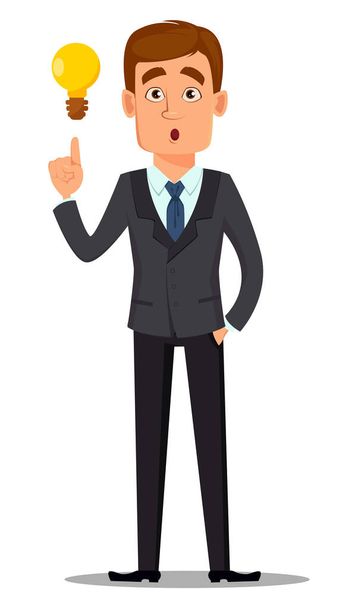 Handsome banker in business suit. Cheerful cartoon character having a brilliant idea. Vector illustration on white background. - Vector, Image