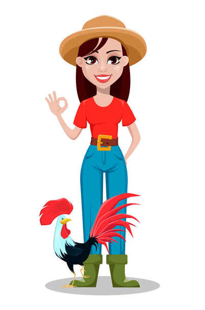Female farmer cartoon character. Cheerful gardener woman rancher showing ok sign and standing near rooster. Vector illustration on white background - Vector, Image