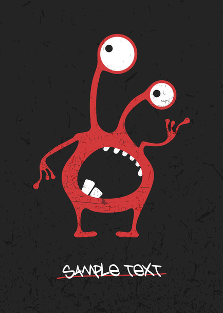 Red cute monster on black grunge background with simple text. Cartoon illustration, funny poster for different use. - Vector, imagen