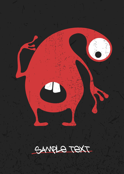 Red cute monster on black grunge background with simple text. Cartoon illustration, funny poster for different use. - Вектор, зображення