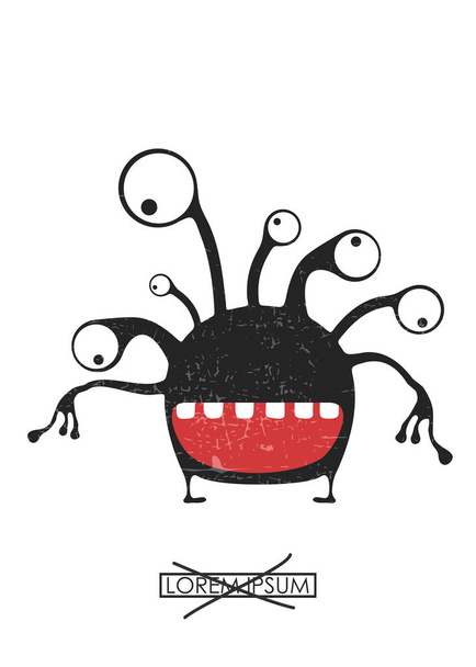 Black cute monster isolated on white with grunge shapes on it and simple text in frame. Cartoon illustration, funny poster for different use. - Vector, Image