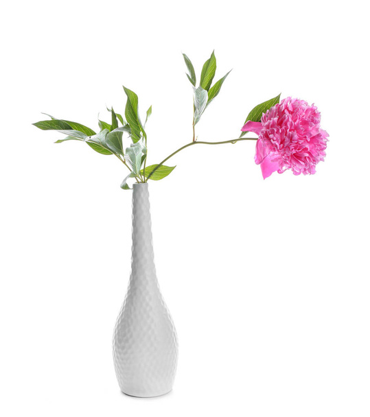 Vase with beautiful blooming flower on white background - Фото, зображення