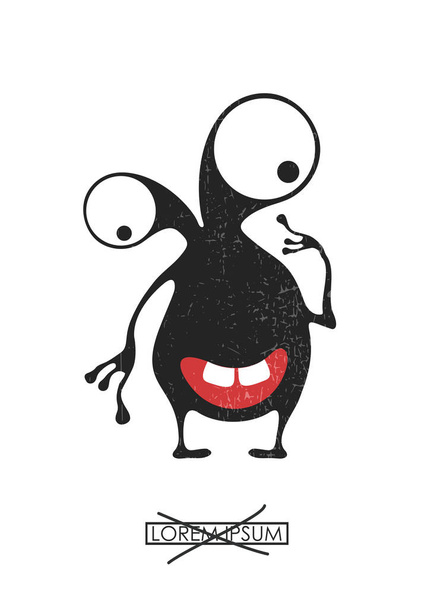 schwarzes niedliches Monster isoliert auf weiß mit Grunge-Formen darauf und einfachem Text im Rahmen. Cartoon-Illustration, lustiges Plakat für verschiedene Zwecke. - Vektor, Bild