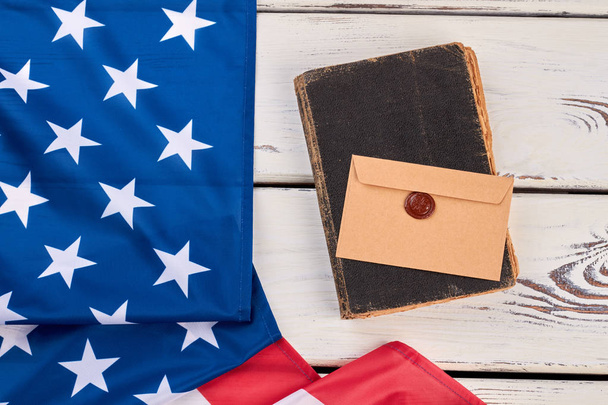 USA flag, old book and envelope. - Photo, Image