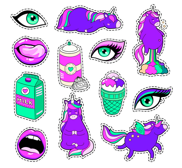 Fashion patches of unicorn, anime eyes, milk pack, lips, rainbow in comic style. Cartoon 80s-90s - Vector, Image