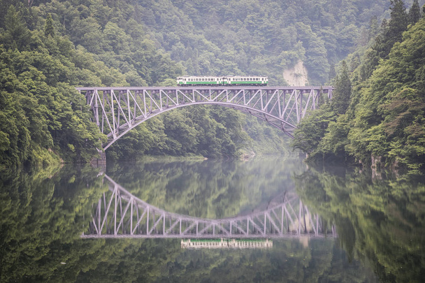 Ligne ferroviaire Tadami et rivière Tadami en saison estivale dans la préfecture de Fukushima
. - Photo, image
