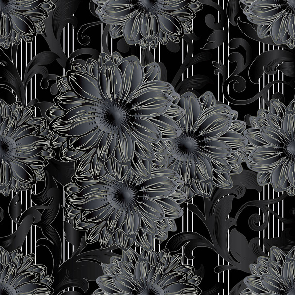Dark black floral seamless pattern. Striped background wallpaper illustration with 3d black flowers, vertical white stripes, vintage scroll leaves and Baroque damask ornaments. Vector surface texture - Vektori, kuva