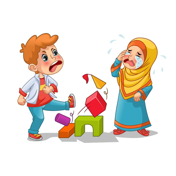Muzułmanin dziewczyna cry ponieważ chłopiec, niszcząc jej bloki kreskówka postać projekt wektor ilustracja, białym tle. - Wektor, obraz