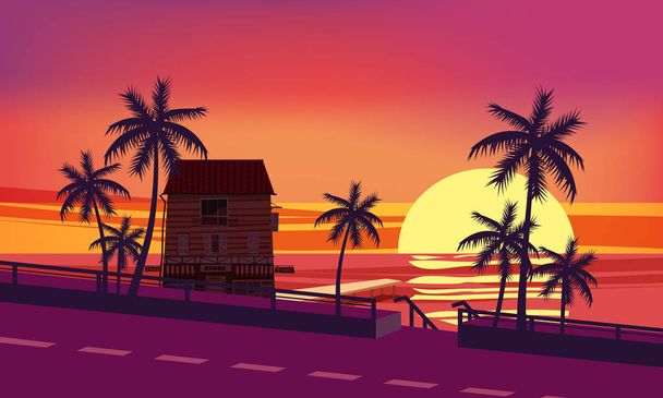 Zonsondergang, Oceaan, avond, palm bomen zee oever, vector, illustratie, geïsoleerd, cartoon stijl - Vector, afbeelding