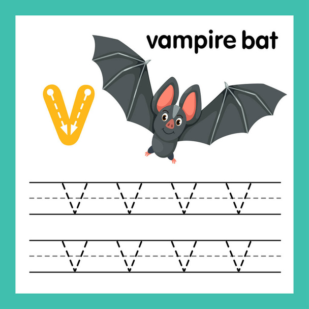 Alfabet V oefening met cartoon woordenschat illustratie, vector - Vector, afbeelding