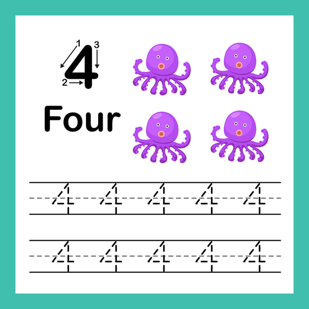 Connecting dot and printable numbers exercise with lovely cartoon for preschool and kindergarten kids illustration, vector - Vector, Image