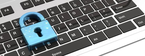 Concepto de seguridad informática. Candado azul en un teclado de computadora, banner. ilustración 3d
 - Foto, imagen