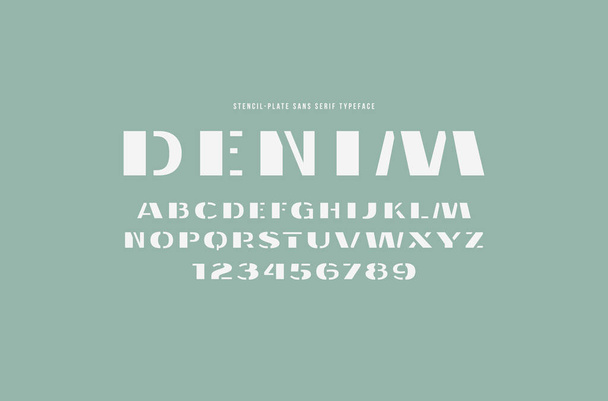 Stencil-plate sans serif font. Lettere e numeri per logo, etichetta e cartello. Stampa bianca su sfondo a colori
 - Vettoriali, immagini