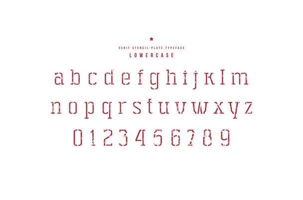 Rajzsablon-lemez serif betűtípust. Vékony vonal arcát. És nagybetűket és számokat a durva textúra a logó és embléma design. Fehér háttér piros nyomtatás - Vektor, kép