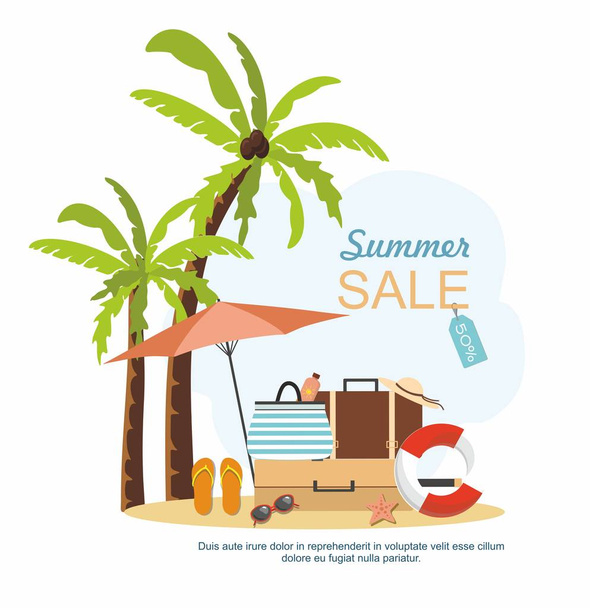 Maleta de verano, accesorios de playa y palmera en la playa. Venta de verano Vector ilustración
 - Vector, imagen