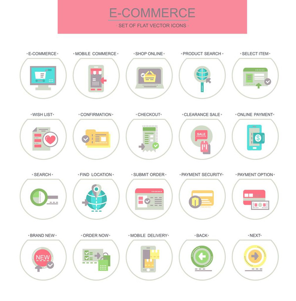 E-commerce. Το σύνολο των επίπεδη, διάνυσμα, γραμμική εικονίδια. Που περιέχει τέτοιες εικόνες ως online αγορών, αναζήτηση προϊόντων και άλλοι. - Διάνυσμα, εικόνα