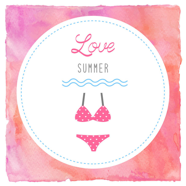 Love summer text with bikini on pink and red watercolor background. - Fotoğraf, Görsel