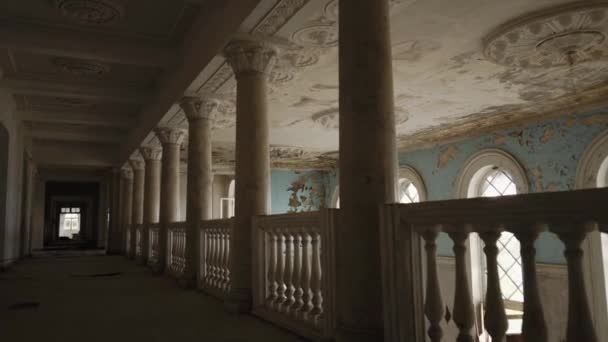 Panorama inside old abandoned palace with decrepit walls and ceiling - Footage, Video
