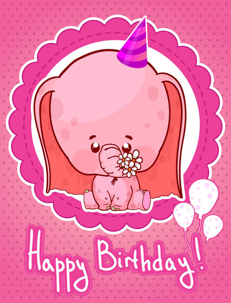χαρούμενα γενέθλια ευχετήρια κάρτα με χαριτωμένα κινούμενα σχέδια ελέφαντα. - Διάνυσμα, εικόνα