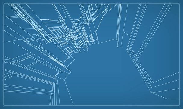 Abstract 3D render of building wireframe structure. Vector construction graphic idea for template design. - Vector, Image