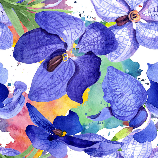 Orchid blue vanda. Seamless background pattern. Fabric wallpaper print texture. Aquarelle wildflower for background, texture, wrapper pattern, frame or border. - Foto, Imagem