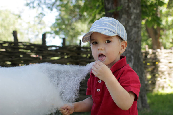 Funny little boy eating cotton candy at the park, he is amazed, his mouth is open, summer vacation holidays, happy summertime concept  - Photo, Image