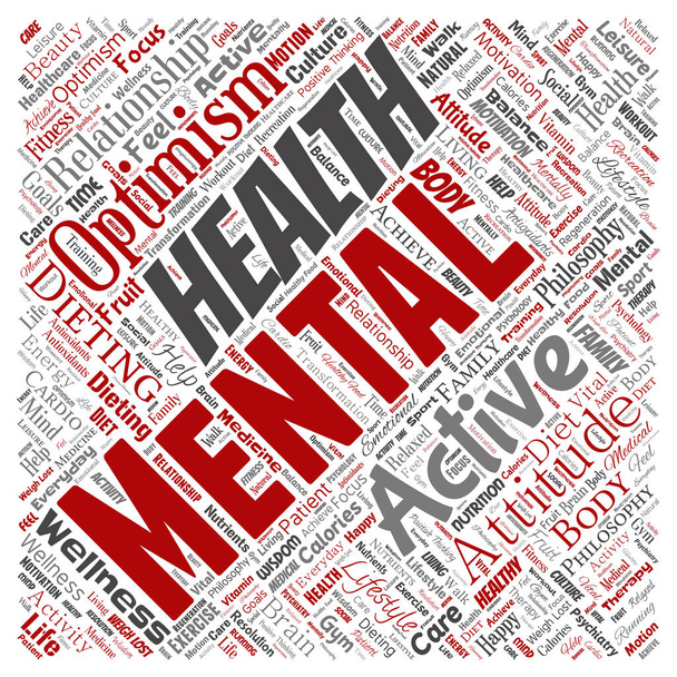 Salud mental o pensamiento positivo cuadrado nube palabra roja
  - Vector, Imagen