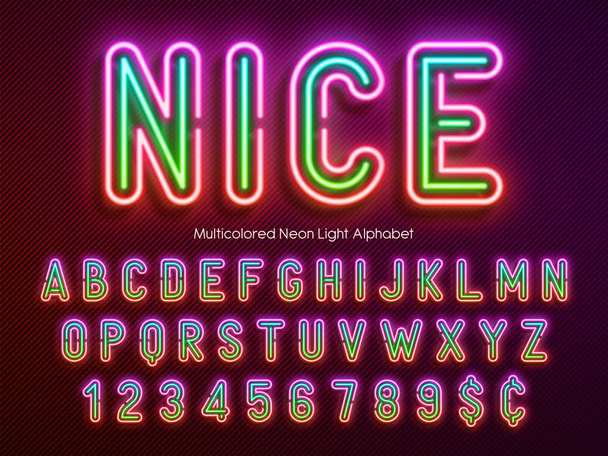 Neon ışıklı alfabe, çok renkli ekstra parlak yazı tipi. Özel kumaş renk denetimi. - Vektör, Görsel