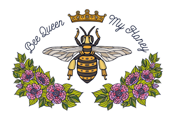 Bee kroon bloemen borduurwerk patsh. Honey bee hommel floral blad vleugels Insect borduurwerk. Hand getekende vectorillustratie - Vector, afbeelding