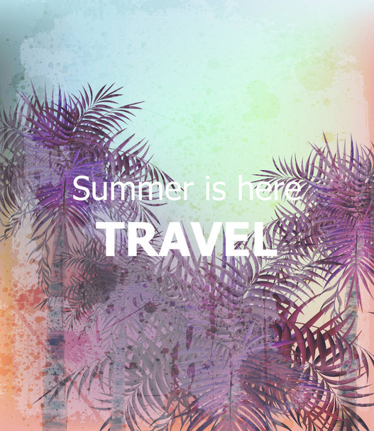 Vintage Summer travel card Vector. Palm trees tropic backgrounds. Ultra violet trendy colors - Vetor, Imagem