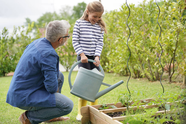 Father and daughter gardening together, home vegetable garden - Photo, image