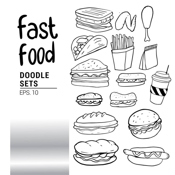 Hand drawn sketch of fast food with lettering. Doodle set, vector illustration. - Vector, Image