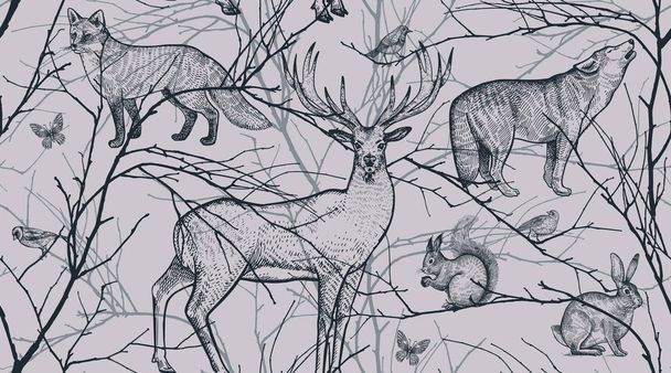 Seamless pattern with tree branches, forest animals, birds. Deer, fox, hare, squirrel, wolf. Vector illustration art. Natural design for textiles, paper, wallpapers. Black on pastel background. - Vettoriali, immagini