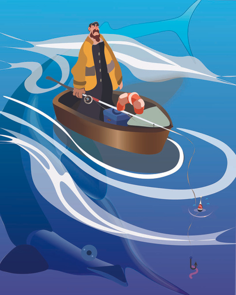 Fat fisherman catching a big fish in boat on sea - swordfish swimming under water - Vector, Image