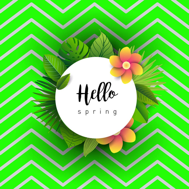 Hello spring. Trendy banner with leaves of tropical plants and hand drawn lettering. - Vektor, kép