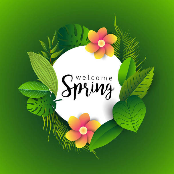 Welcome spring. Trendy banner with leaves of tropical plants, flowers and hand drawn lettering. - Vektor, obrázek
