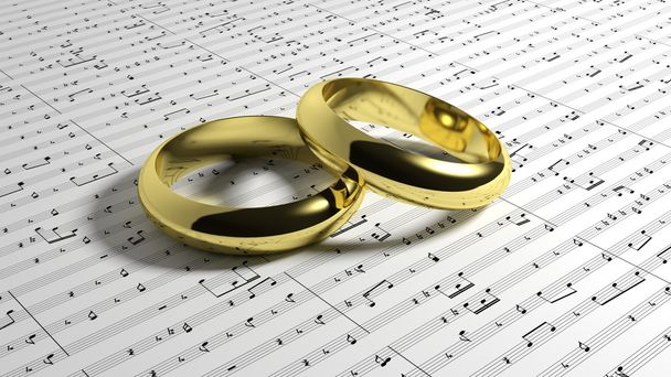 Anneaux de mariage sur fond de notes de musique
 - Photo, image