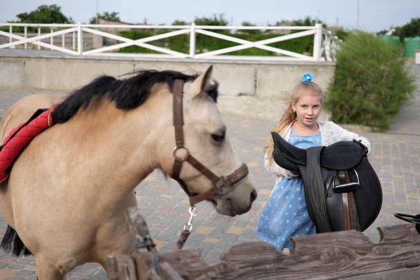 Kleines Mädchen putzt und kämmt ihr Pony und sattelt es zum Reiten - Foto, Bild