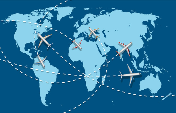 Bannière voyage d'affaires avec avion et fond de carte du monde. infographie monde destination voyage concept. illustration vectorielle
 - Vecteur, image