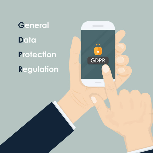 Hand holding smartphone with General Data Protection Regulation.GDPR concept.Smartphone security,personal access,user authorization, login and protection technology.Vector illustration - Vektor, obrázek
