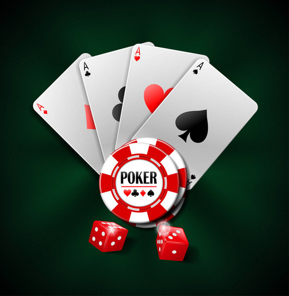 Καζίνο τυχερά παιχνίδια πόκερ σχεδίαση φόντου. Banner Poker με μάρκες, παίζοντας χαρτιά και ζάρια. Online καζίνο Banner σε πράσινο φόντο. Εικονογράφηση διάνυσμα. - Διάνυσμα, εικόνα