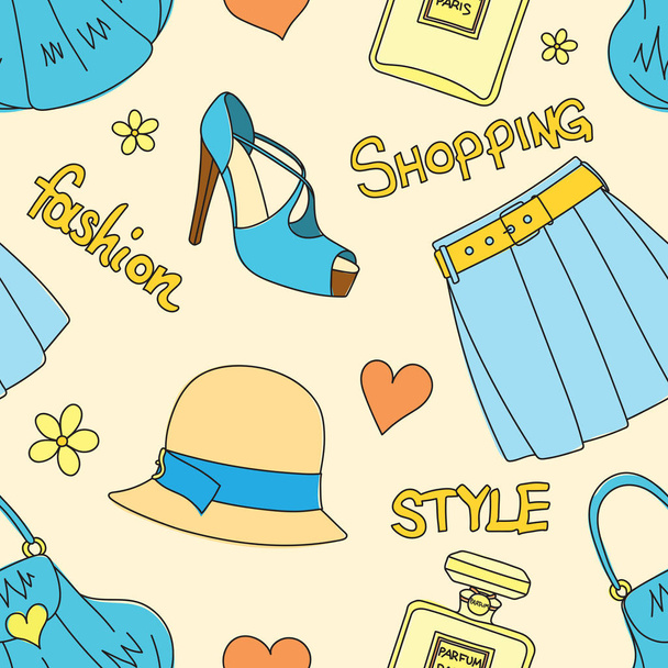 Бесшовный узор с шляпами, бутылками духов, обуви, юбки, сумочек, сердец и цветов
 - Вектор,изображение