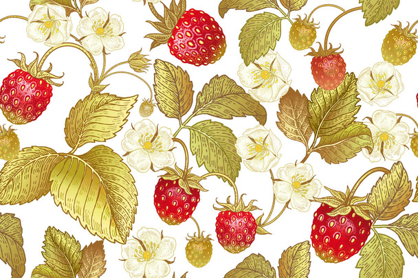 Seamless botanical pattern with flowers and berries of strawberry on white background. Vintage. Victorian style. Vector illustration. Template for kitchen design, packaging for food, paper, textiles. - Wektor, obraz